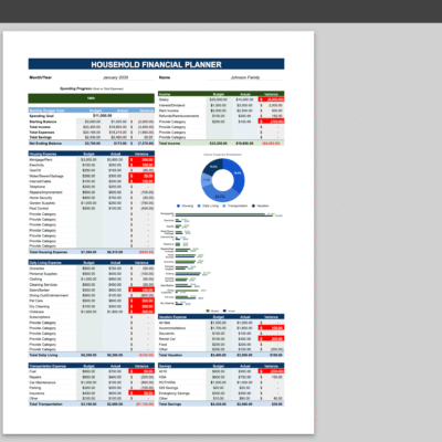 The household financial planner in the print settings window, ready to print on one page.